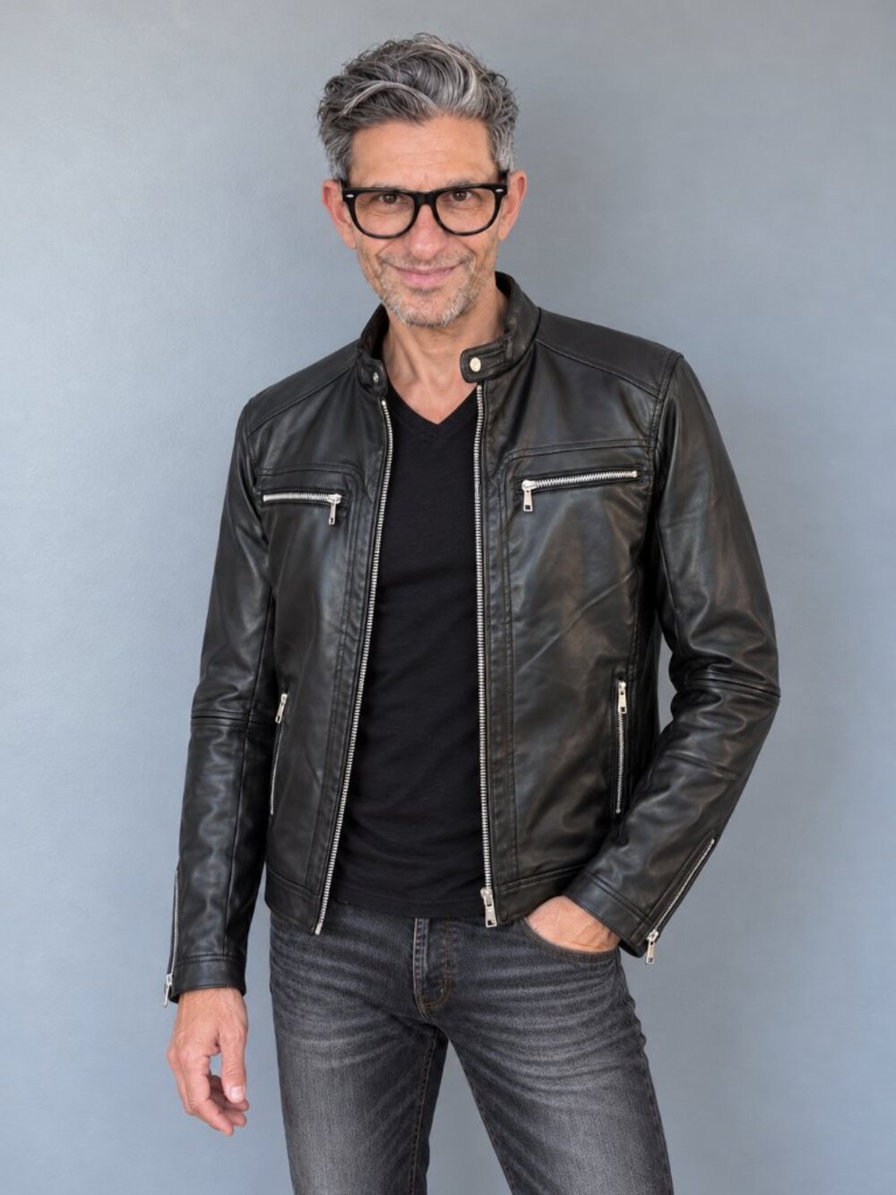 Stone Falcon Men's Black Faux Leather Moto Racer Zip Jacket Small